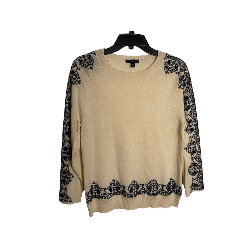 J.Crew Women Off White 100% Merino Wool Embroidered Scroll Sweater Size Small